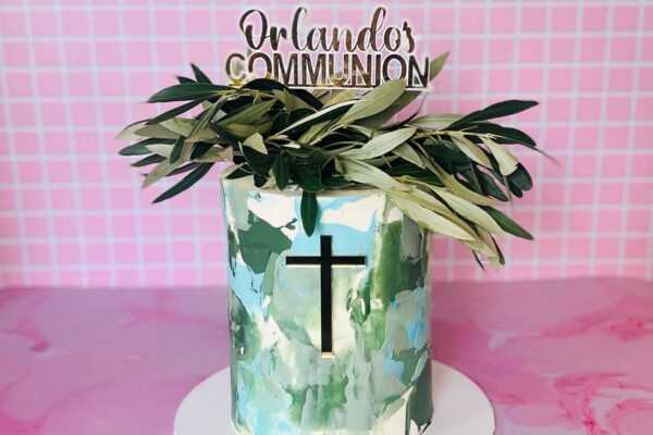 Miss Penny Cakes, Celebration Cakes, Olive green blue Waterwash cake baptism